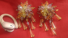 Vintage Beaded Statement Earrings – Amber Pink Lilac Drop/Dangle Earrings