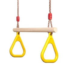 PELLOR Playground Children's Wooden Trapeze Swing Bar with Plastic Gym Rings ...