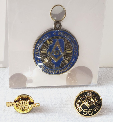 Masonic Illinois A.F.A.M. 50 Year Pin, Master Mason Pin, and Pendant Piece