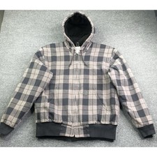 Carhartt Jacket Mens L Grey Plaid J260 SMK Hooded Quilted Flannel Work Coat