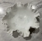 Vtg Fenton Milk Glass Hobnail Bowl w Ruffled Edge & Rope/Braid Detail - 8" - EUC