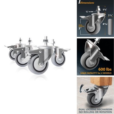 POWERTEC 17201V 3'' Threaded Stem Caster Wheels Set of 4 with Brake 600 lbs