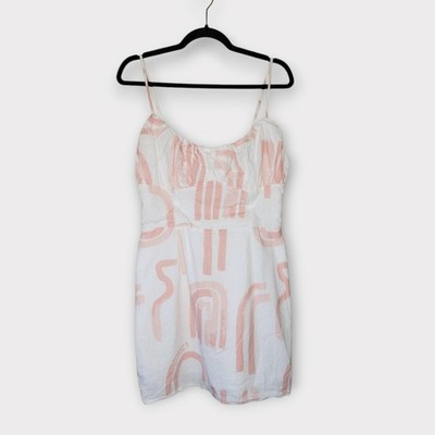 Sabo Linen Geometric Print Mini Dress White Pink Sleeveless Womens 10