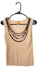 Ruby Rd. Womens Vintage Top Large Petite Tan Embellished with Black Beads