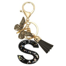 Initial Letter Keychain, Cute Butterfly Keychain with Tassel Letter S, Black
