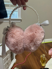 Pink White Faux Fur Padded Earmuff Headband, Bow Accents, Women