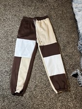 Unisex Colorblock Jogger Sweatpants Brown Beige White Patchwork Size L