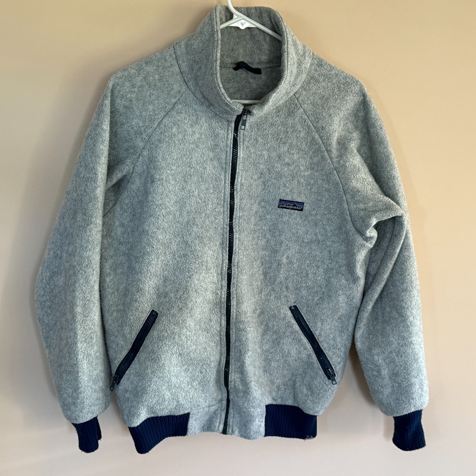 Vintage Patagonia Fleece Bomber Jacket Grey Blue Full Zip Men's Medium VTG