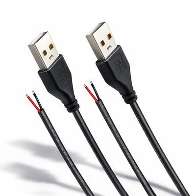 2 PCS 1.64ft Black USB Pigtail Power Cable Wire 24AWG 2A 5V Bare Open End
