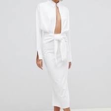 NWT ASOS White Long Sleeve Collared Tie Waist Midi Shirt Dress Size 6