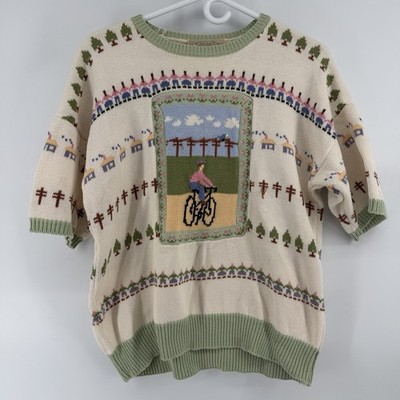 VTG Susan Bristol Novelty Short-sleeve Bicycle Scenery Knit Sweater Sz 40/M?