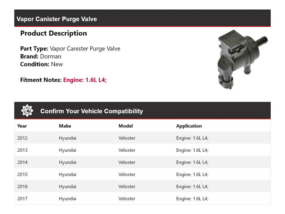 For 2012-2017 Hyundai Veloster 1.6L L4 Dorman Vapor Canister Purge Valve 2013 - Image 2 of 4