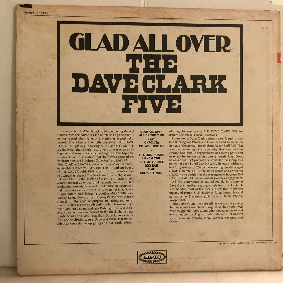 THE   DAVE  CLARK  FIVE       LP         GLAD   ALL   OVER  ( NO INSTRUMENTS ) - Image 2 of 4