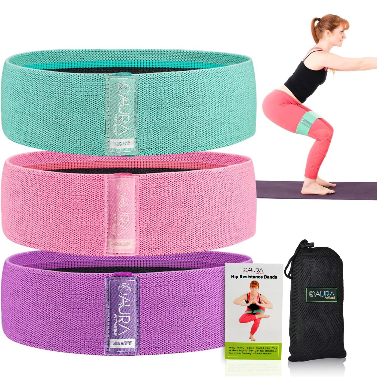 Aura Fabric Resistance Bands Set | 3 Levels of Resistance, Booty Bands for Wo...