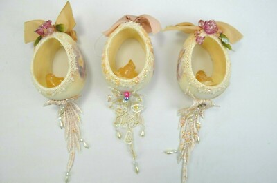 Lot of 3 Embellished Beaded Rhinestone Christmas Tree Ornaments Birds in a Nest