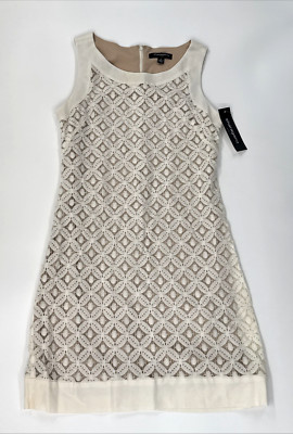 Sharagano Dress Womens 8 Crochet Sleeveless Sheath Knee Ivory Lined $108 NEW