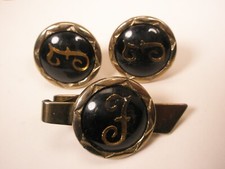 F Monogram Initial Letter Vintage Cuff Links & Tie Bar Clip set cursive font