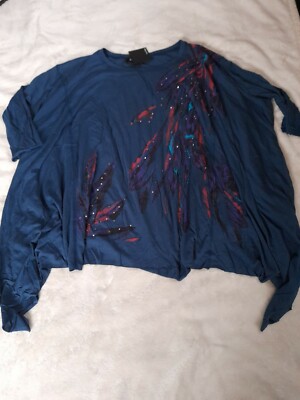 Two Days Damen Oversize Shirt Kurzarm Blau Mit Strass M R2627