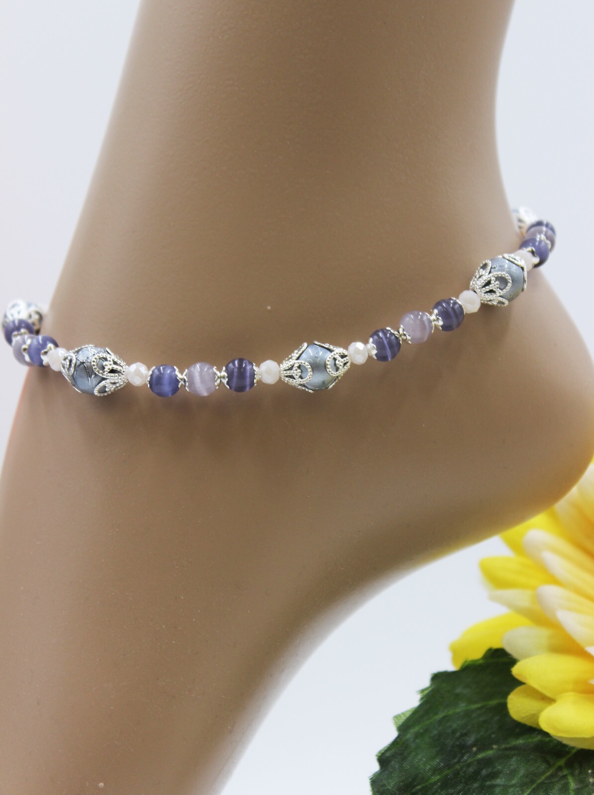 Xl Anklet Summer Purple Glass Beads Cateye Beads Elegant Women #J044