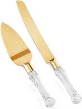Wedding Cake Knife and Server Set Plastic Faux Crystal Handles Titanium gold