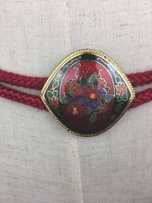 Vintage Cloisonn  Red Rope Belt With Buckle 2" x 2" Floral Design Stretch Rope
