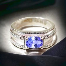 Tanzanite Oval Cut Gemstone With 925 Sterling Silver Ring For Men's #A587