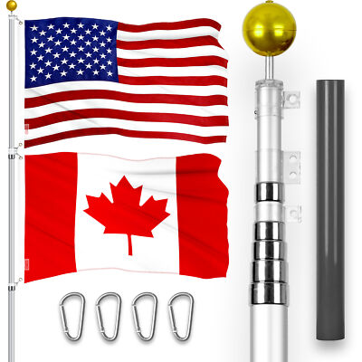 25 Ft Telescoping Flagpole Silver & American and Canada Flags Emb 300D 3x5Ft