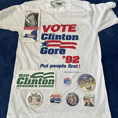 Clinton Gore 1992 collector set. T-shirt, 5 buttons, Bumper Sticker, Brochure