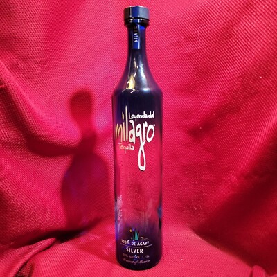 18'' EMPTY MILAGRO Silver Tequila clear blue TALL Liquor Bottle with Lid 1.75 MEX