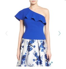 Eliza J Cobalt Blue One Shoulder Blouse Size 12 Ruffle Sleeve Crepe Top