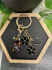 3" Gold-tone Cat Flower Enamel Charm Keychain New Free Ship B4071