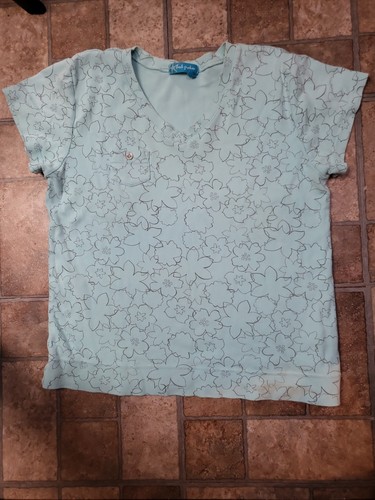 Fresh Produce T Shirt Blue Flower Design V Neck Button Pocket