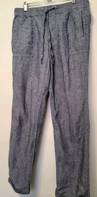 Lord & Taylor Pants Womens  Medium Blue Chambray Linen Pull-on Drawstring Cuff