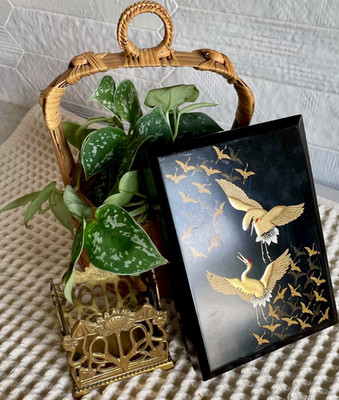 Japanese Black Lacquered Wooden Letter Box with Gold Maki-e Crane Design