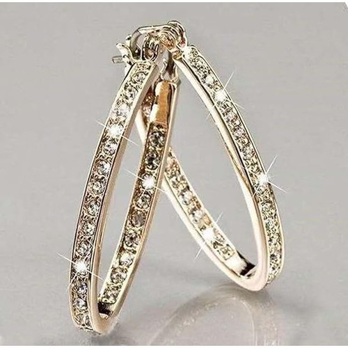 14K Gold Tone Rhinestone Hoop Earrings Cubic Zirconia Style New