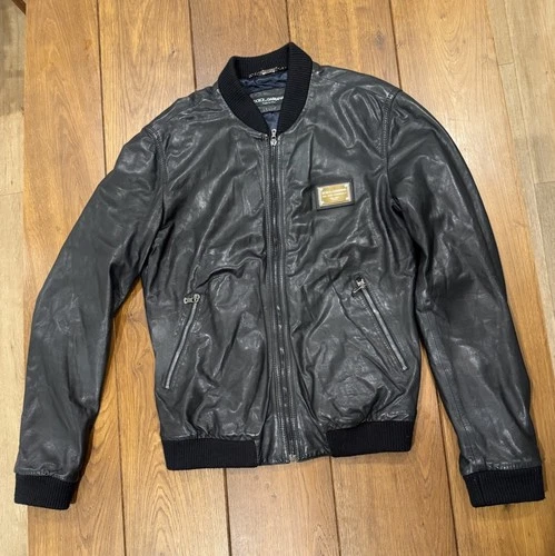 Dolce & Gabbana Black Lambskin Leather Bomber Jacket with Logo Plaque - Size 52 - product listing photo