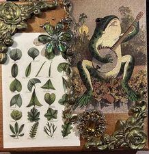 Jewelry Art  Frog Themed 8x8 Multimedia Collage Canvases with Vintage Jewelry