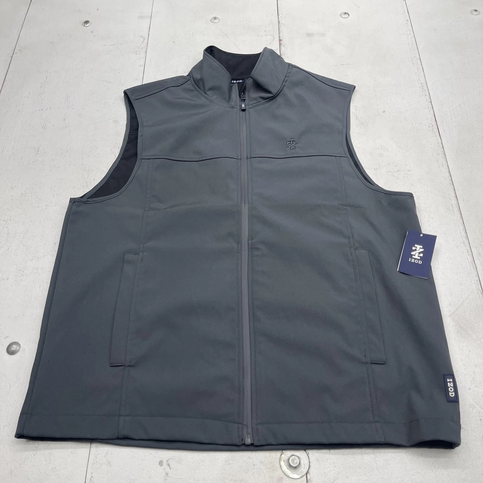 IZOD Vest Mens Large Gray Softshell Full Zip Collared Lined Pockets Stretch