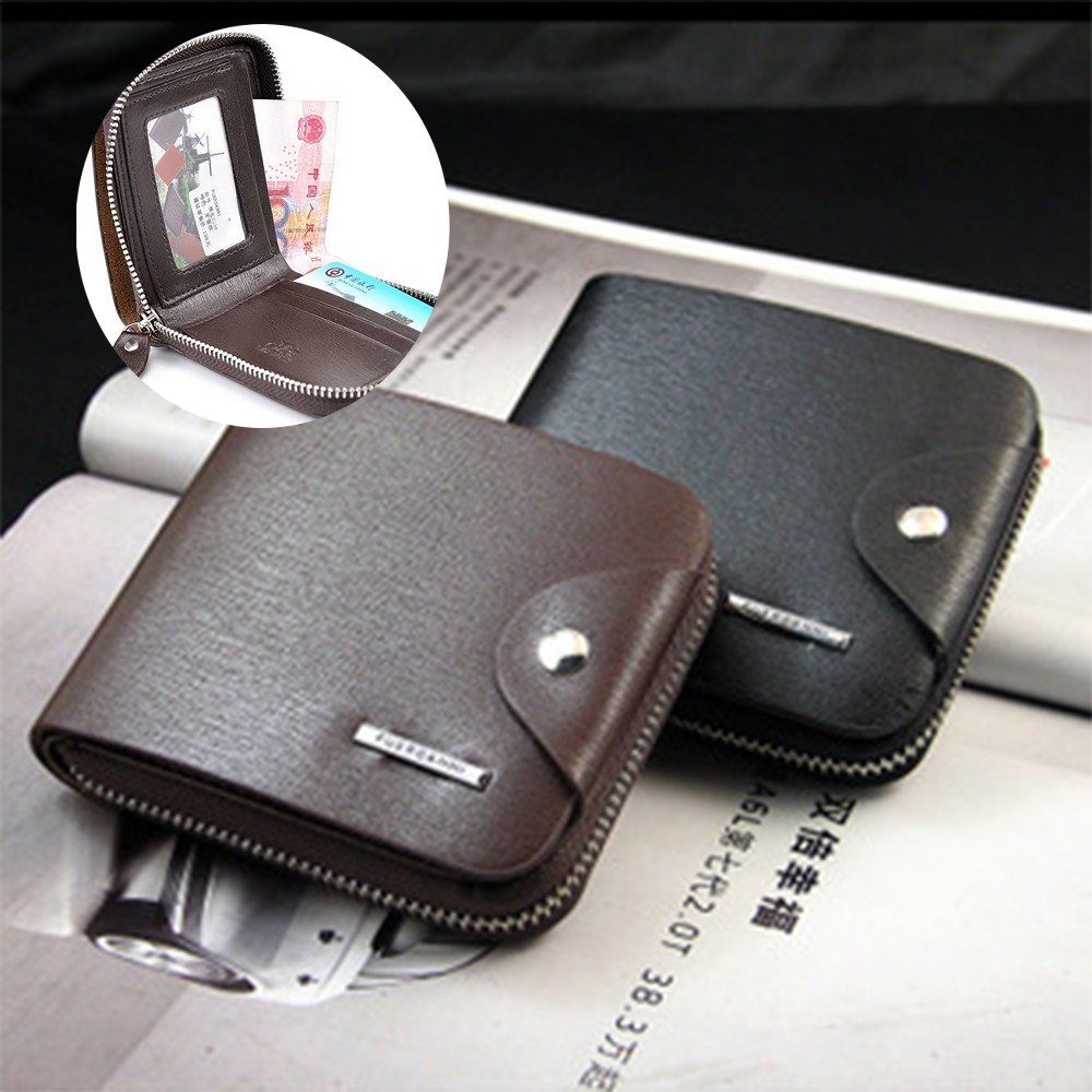 Leather Short Wallet for Men ID Window Credit Card Case Zipper
