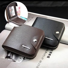 Leather Short Wallet for Men ID Window Credit Card Case Zipper Coin Pocket Purse