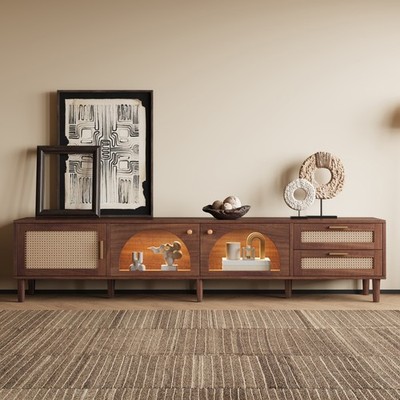 86'' TV Stand with App-Controlled LED Lights, Rattan Doors, 2 Drawers
