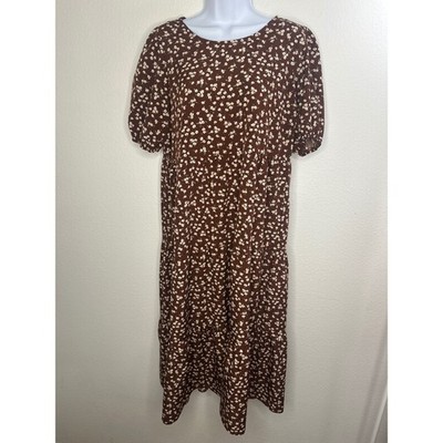 Solution Brown Floral Midi Dress Women's Medium Puff Sleeve Casual Tiered