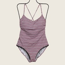 Athleta Red White Blue Print Jacquard Strappy Back One Piece Swimsuit LARGE