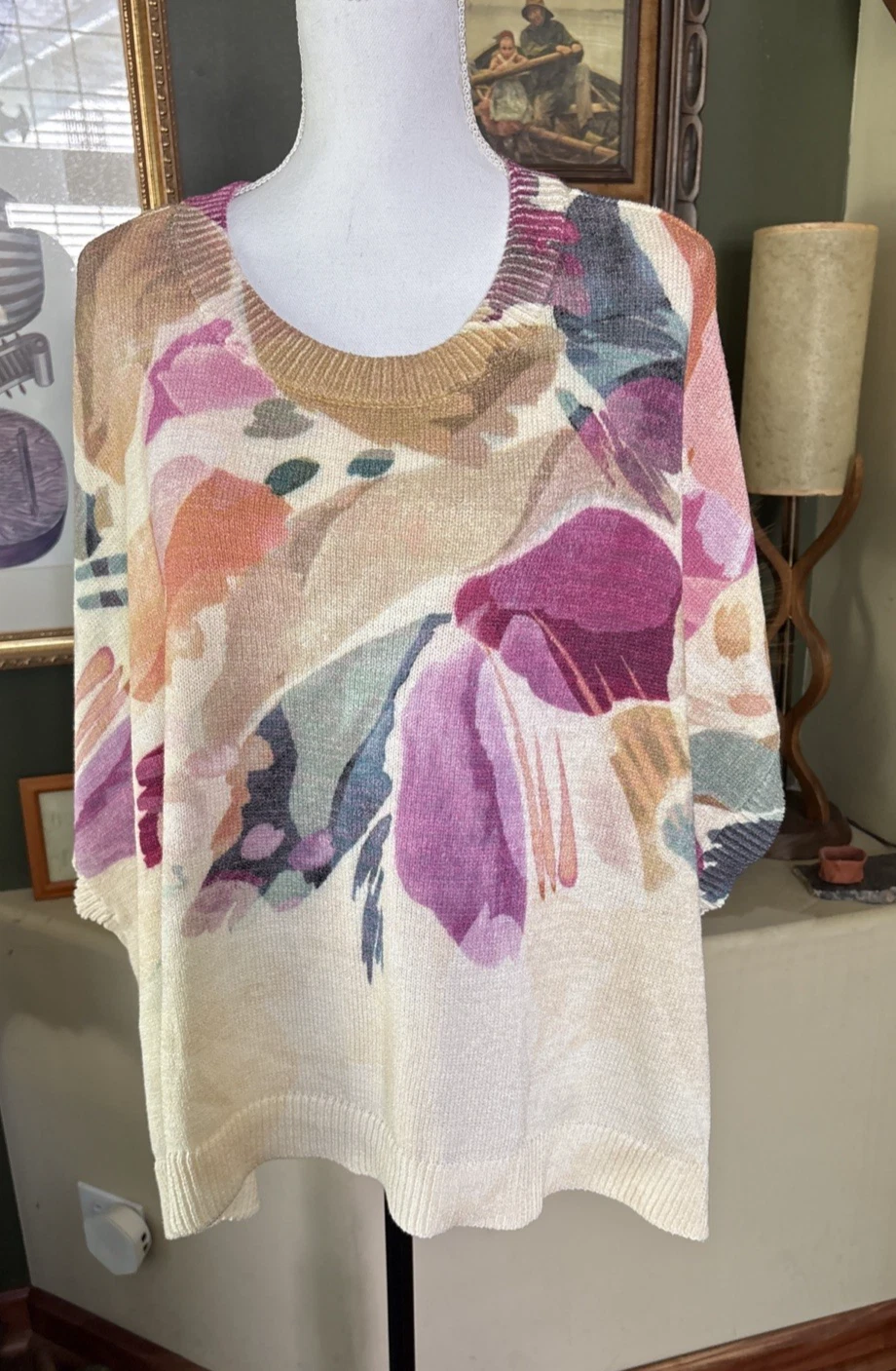 Chico's Printed Knit Poncho Ecru Floral Cotton Blend L XL Boho Resort NWT