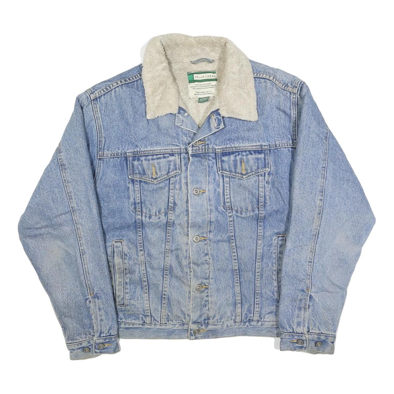 FALLS CREEK Mens Blue Denim Sherpa Collar Jacket L Cotton Button Casual