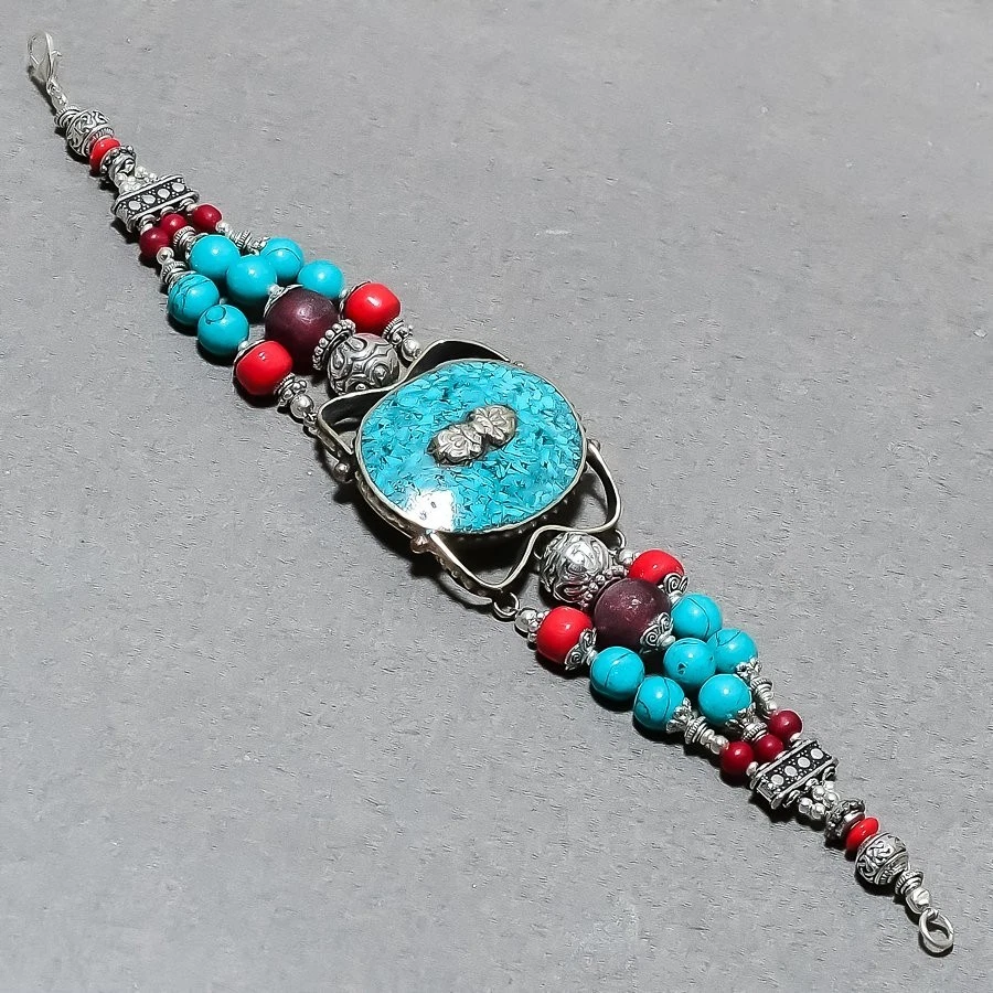 Bracelet corail rouge turquoise fait main bijou vintage tibétain népalais... - Photo 2/4