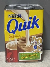 1980's NESTLES Quik “GET YOUR QUOCK BUNNY” CARDBOARD Metal TOP/Bottom Tin 16 Oz