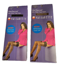 2 Pair VASSARETTE Her Secret Silky Sheer Thigh Highs Biege  Black Size LONG