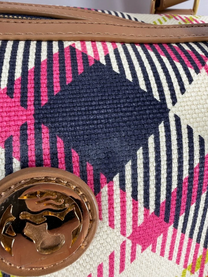 Spartina Leather & Linen Duffle Everett Plaid Pink Lime Blue Preppy - Image 2 of 4