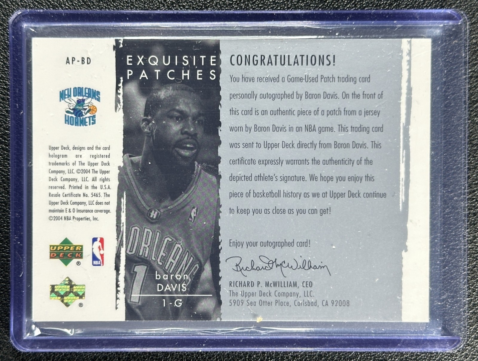 BARON DAVIS 2003-04 UPPER DECK EXQUISITE COLL #AP-BD GAME USED PATCH AUTO 12/100 view 2